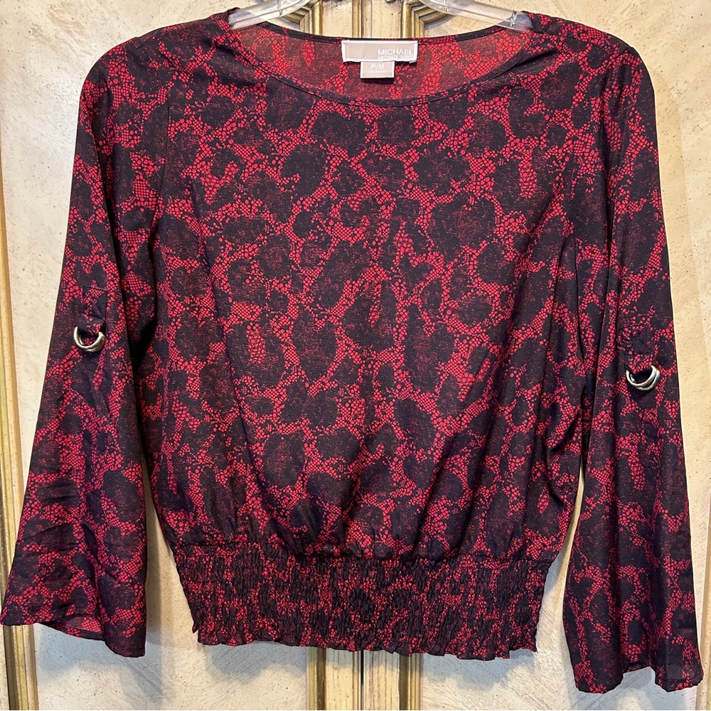 Michael Kors Red & Black Abstract Lace Print Smocked Waist Blouse